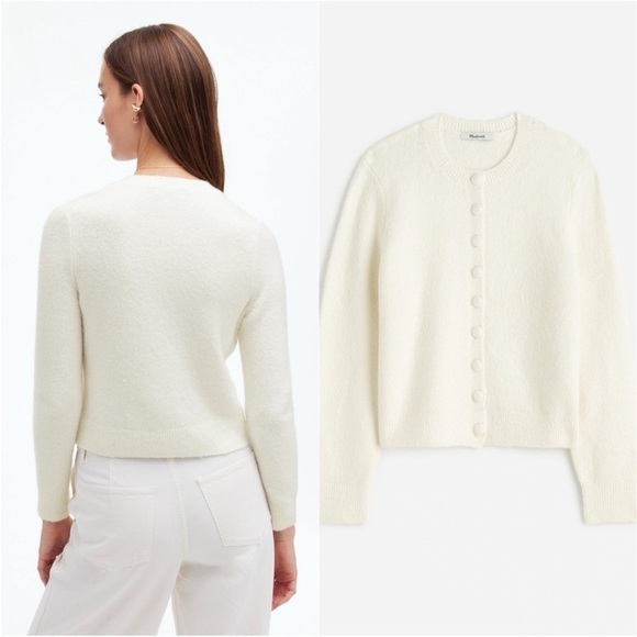 Madewell Sweater Cotton-Blend Cardigan Covered Buttons Winter White M NWT New - Picture 2 of 12